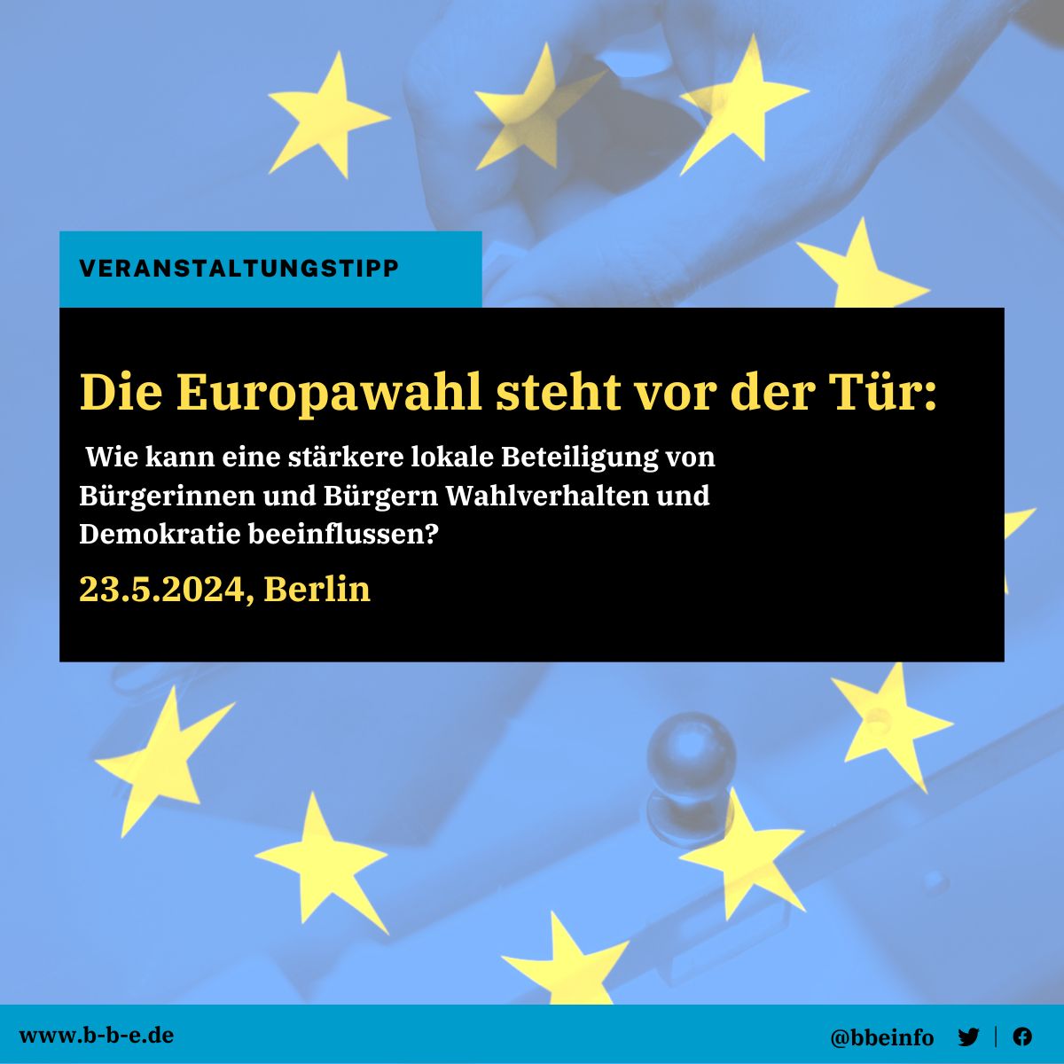 🇪🇺 🇪🇺 Die Europawahl steht vor der Türe: Wie kann eine stärkere lokale Beteiligung von Bürgerinnen und Bürgern Wahlverhalten und Demokratie beeinflussen? 🌍 Anmeldungen noch bis 17. Mai möglich! 👉b-b-e.de/veranstaltunge… #Europawahl