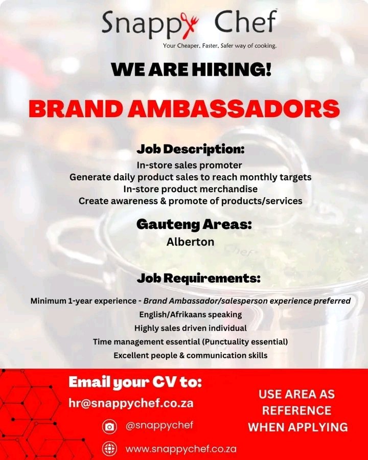🌟 Join the Snappy Chef family as a Brand Ambassador and ignite excitement for our innovative products! If you're a sales dynamo with top-notch communication skills and a knack for merchandising, we want you on our team. Apply now! #snappychef #sales #brandambassador #vacancy