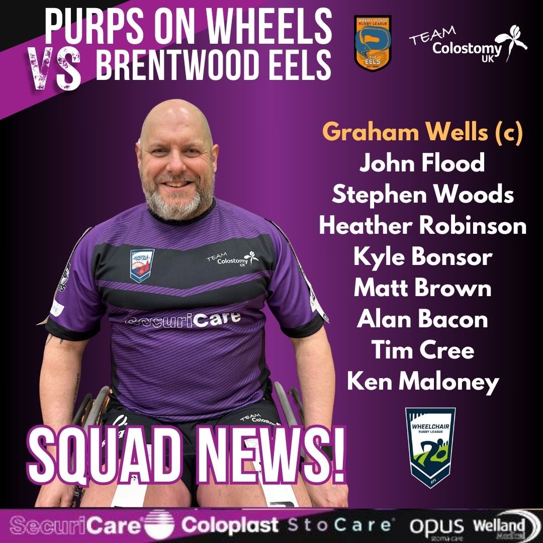 As we count down to the debut of Purps on Wheels, we're delighted to reveal our #WheelchairRugbyLeague squad who'll take on @BrentwoodRLFC at The Brentwood Centre this Sunday 🙌 We're excited!! 😁 #UpThePurps💜 #RugbyLeague #StomaAware