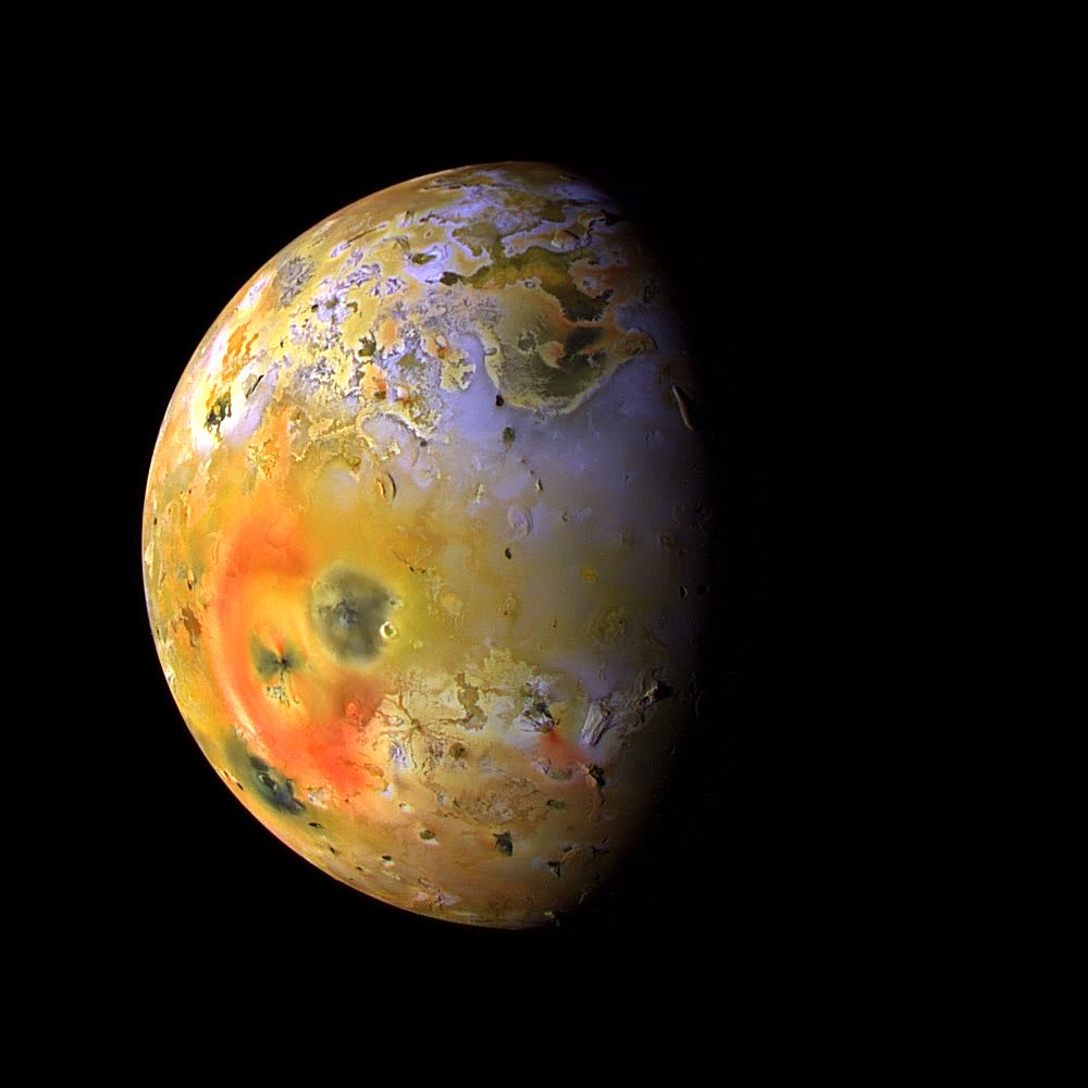 Jupiter's moon Io as seen by the Galileo spacecraft. Io is the most volcanically active world in the Solar System, with hundreds of volcanoes. 📸: NASA​/​JPL​/​UoA