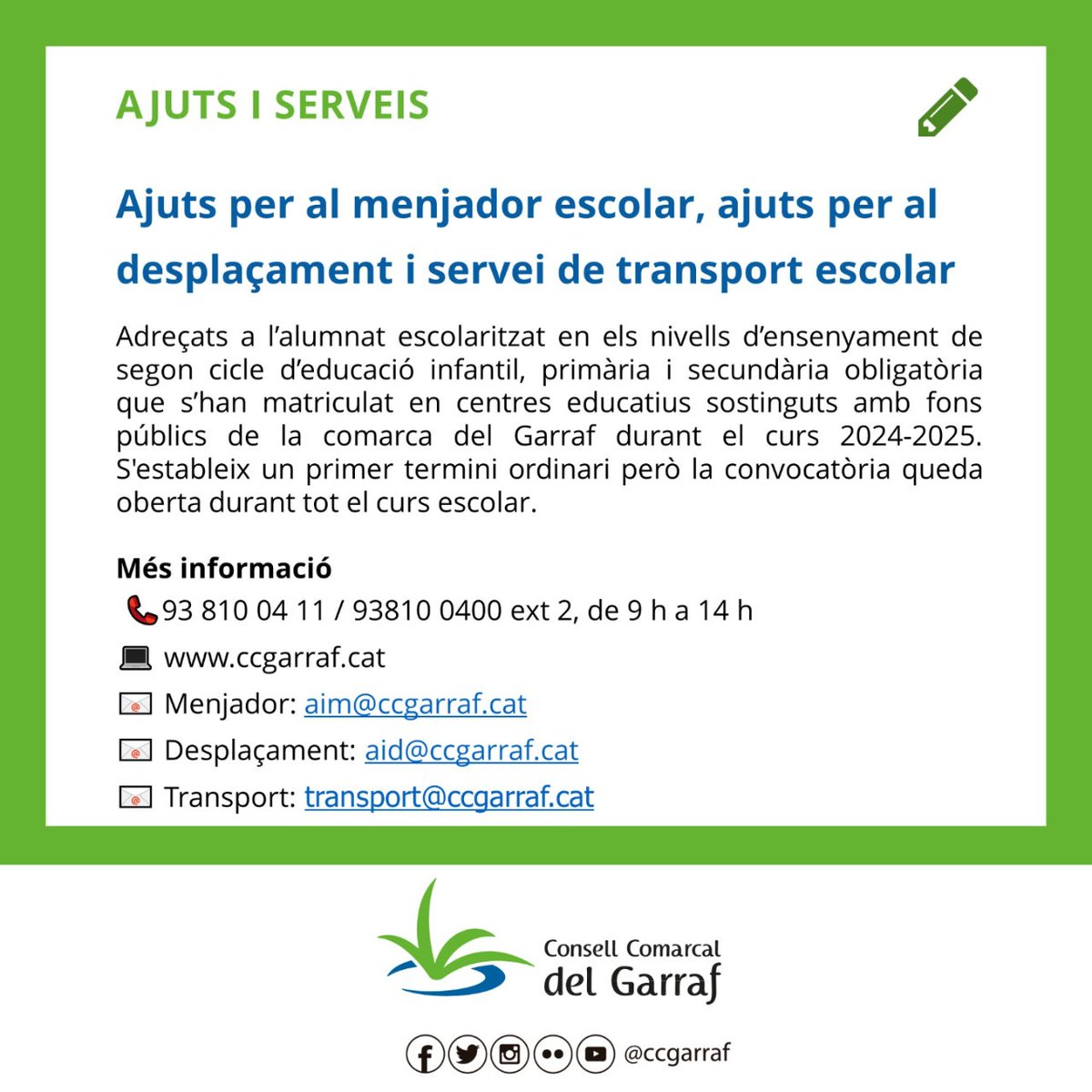 AJUTS I SERVEIS ESCOLARS (CURS 2024-2025) 🗓️ Fins al 31 de maig 🍽️ Ajuts de menjador 🚙 Ajuts de desplaçament 🚌 Servei de transport escolar ℹ️ @ccgarraf #SPRibes