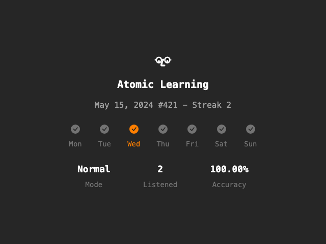 Atomic Learning #421 - Streak 2
Normal✨/2 Listened/100.00% Accuracy
en.atomiclearning.app
<a href="/atomiclearning_/">Atomic Learning</a> #AtomicLearning #langtwt