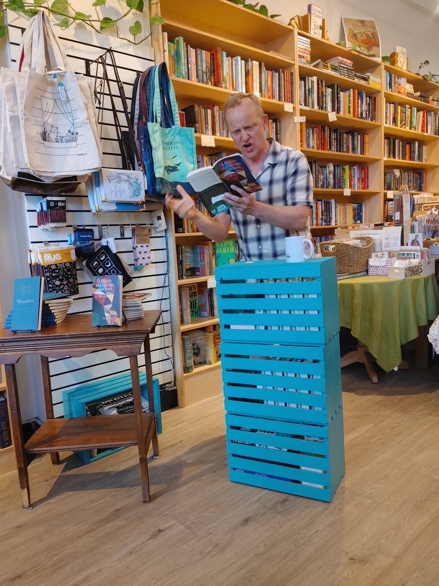 Nelson, you were great! @NotablyBookish was a wonderful venue tonight, full of wonderful people (this boy finally met Tom Wayman!). Here's @kevinspenst doing very Kevin Spenst things at the reading. Rossland tomorrow! Kelowna on Thursday! See you there!