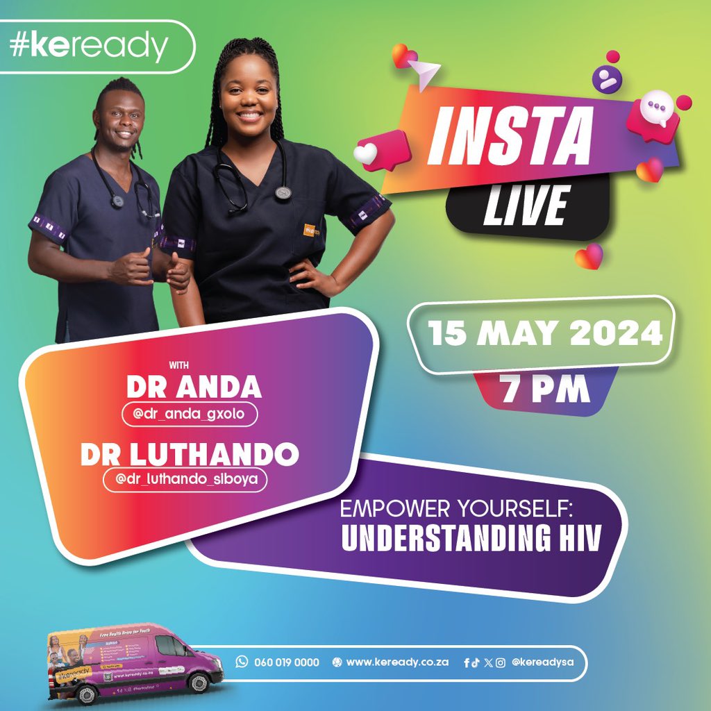 📍Tonight on our Insta live Dr Anda chats to Dr Luthando about understanding HIV. They will be covering all topics including PrEP, PEP, mother to child transmission, multiple partners and so much more 🤍 Don’t miss it tonight at 7pm 👍 #keready #letstalkhiv #instalive