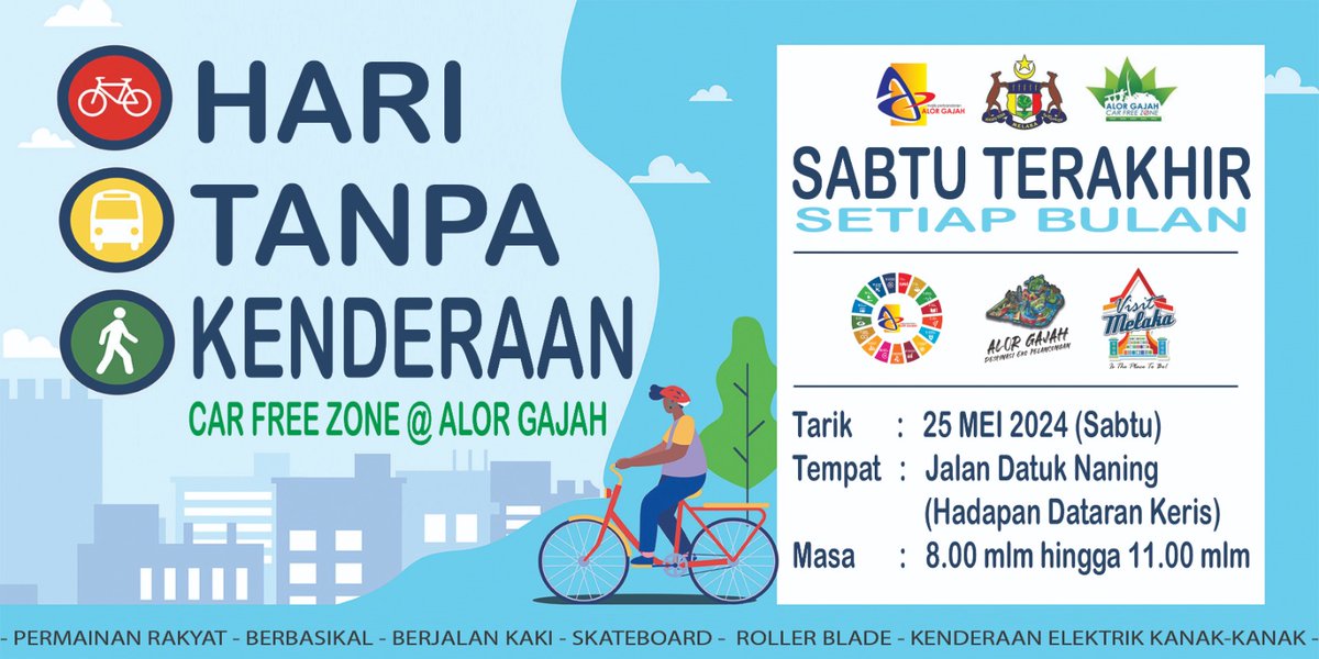 CAR FREE ZONE @ ALOR GAJAH 2024 KEMBALI‼️

Bersempena Program Santai Malam Minggu
Jangan lupa pakat ramai-ramai datang. 🤗🌟

- 25 Mei 2024 (Sabtu)
- 8.00 malam hingga 11.00 malam
- Hadapan Dataran Keris, Alor Gajah

Jalan ditutup pada semua kenderaan bermula jam 7.00 malam.