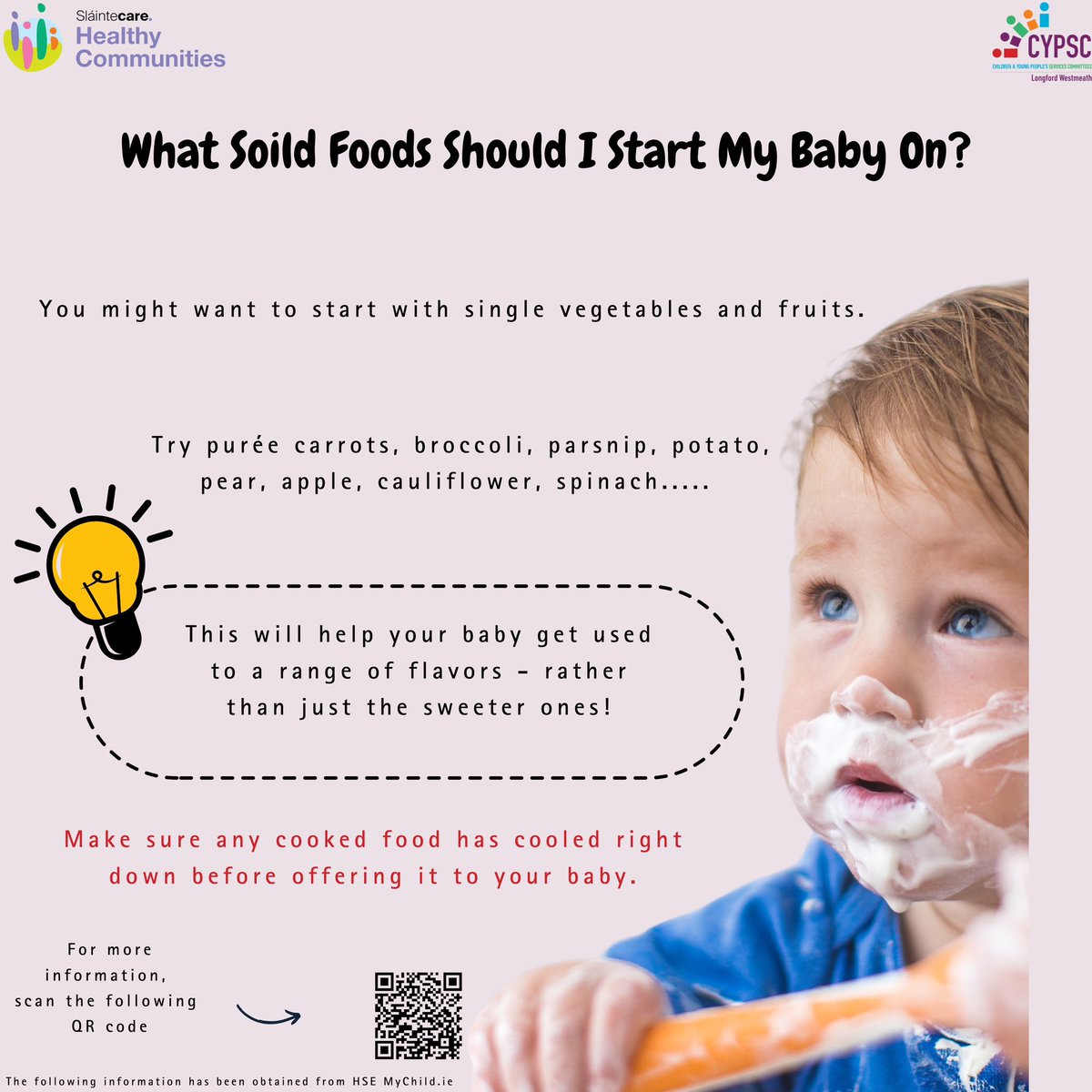 CypscLw's tweet image. National Weaning Week - Day Three

It can be tricky figuring out what foods to start with! Single vegetables and fruits are always a good option. Try purée parsnip, potato, carrot, apple, pear etc. 

Scan QR code for further tips or visit:
cypsc.ie/_fileupload/Do…