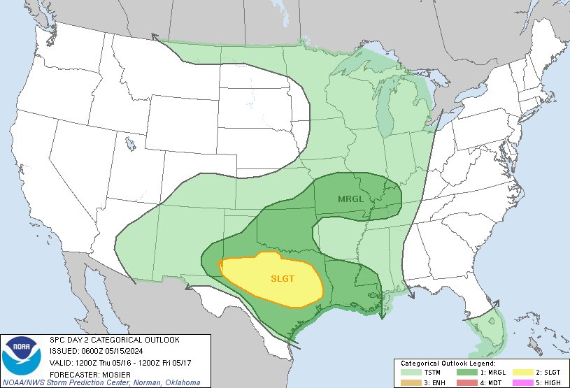 1:02am CDT #SPC Day2 Outlook Slight Risk: from the Texas South Plains across north/central Texas and into east/southeast Texas spc.noaa.gov/products/outlo…