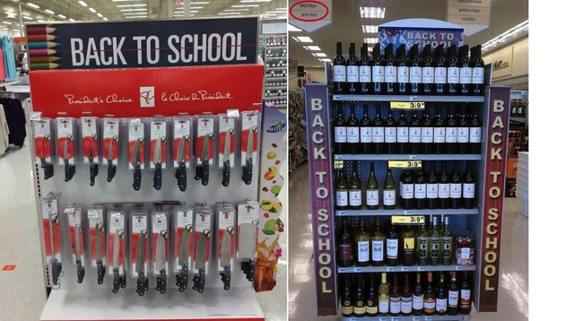 The wine actually could make sense if you were going to drop the kids at school and day drink. I don't get the knives.