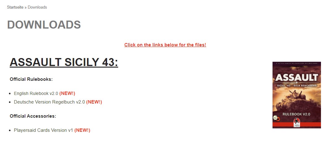 I have updated the download section on our website with the v2.0 Rulebook (incl. final artwork) and the Player aids. assault-games.com/downloads/