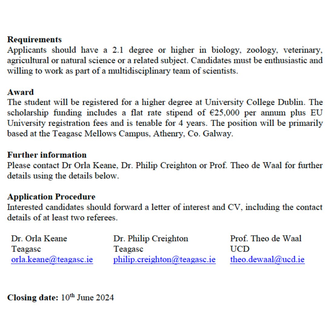 📢 Teagasc PhD Walsh Scholarship Opportunity: Sustainable Control of Internal Parasites of Sheep.

For further information on this project &amp; application procedure, see ⬇️ and our website: ucd.ie/vetmed/about/v…

Closing date for applications is 10 June 2024.