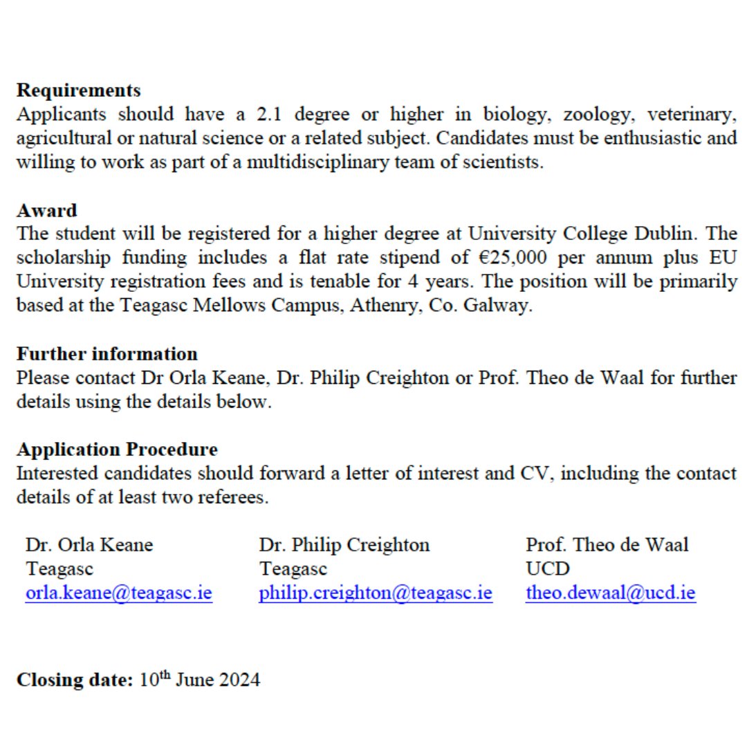 📢 Teagasc PhD Walsh Scholarship Opportunity: Sustainable Control of Internal Parasites of Sheep. For further information on this project & application procedure, see ⬇️ and our website: ucd.ie/vetmed/about/v… Closing date for applications is 10 June 2024.