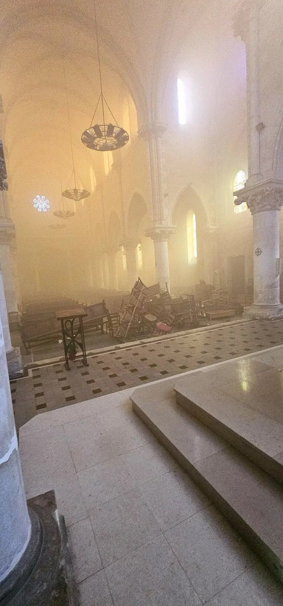 Poitiers France; firefighters intervened at the Sainte-Thérèse church Tues 14 May due to an arson attack. The statue of The Virgin Mary was décapitated, benches were piled up & set on fire in front of the choir stalls.