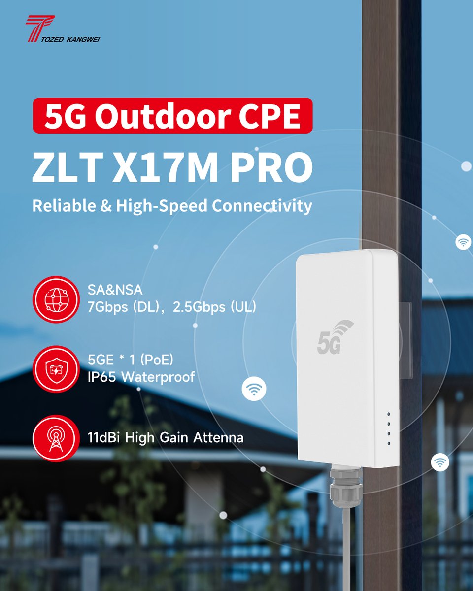 Enhance connection with the outdoor #5GCPE ZLT X17M PRO! Offering reliable and high-speed connectivity, it excels in any environment, providing stable, fast internet access no matter the weather. Stay connected, rain or shine.😎

#TozedKangwei #ConnecttoBetterFuture #5G #ODU