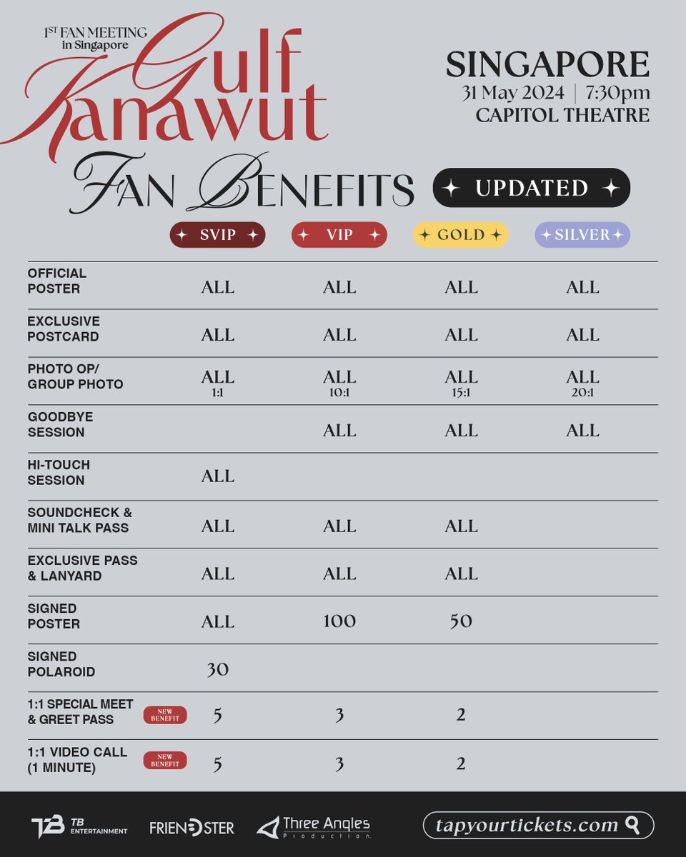 📣ICYMI: The Gulf Kanawut 1st Fan Meeting in Singapore is just around the corner, and it just keeps getting better ✨ Don’t miss your chance to get closer to Gulf with this exclusive experience, plus these amazing additional fan benefits:

🌟 10 winners will have a 1:1 Video Call