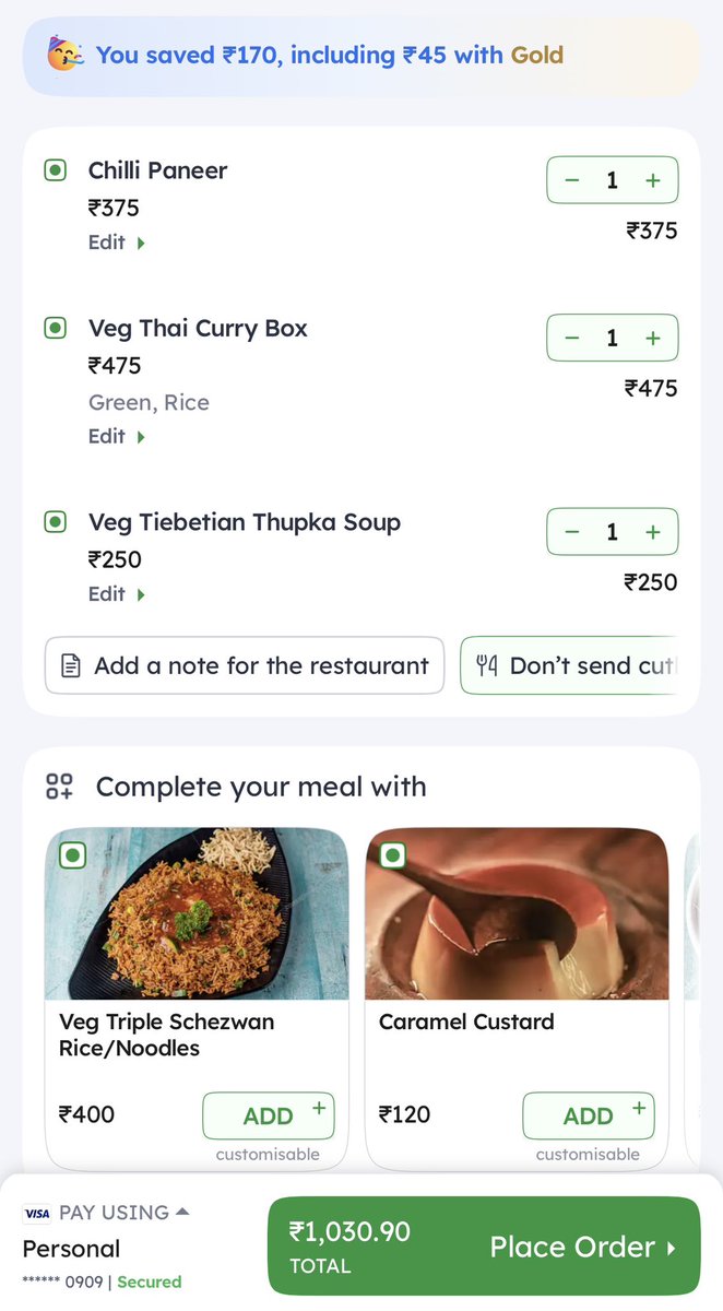 Stopped using @zomato couple years ago& switched to @Swiggy primarily due to high costs.. got Zomato gold & tried again, Zomato is 11-15% more expensive than Swiggy. Zomato is 11% and 15% expensive without and with discount codes respectively. Plus swiggy gives free dessert!