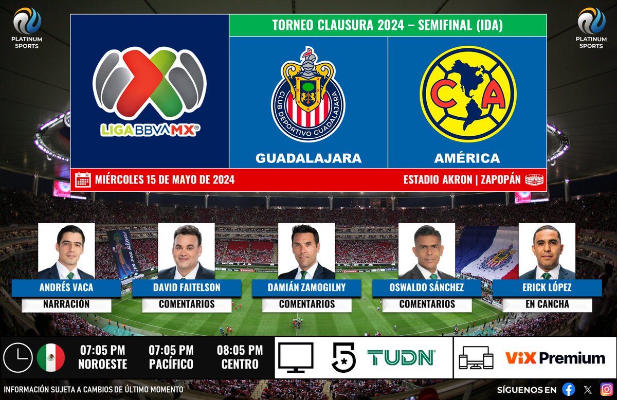 ⚽️ #LigaBBVAMX 🇲🇽 | #Guadalajara vs. #América 🇲🇽📺 @MiCanal5 / @TUDNMEX 🎙️ @Andres_Vaca_ 🎙️ @DavidFaitelson_ 🎙️ @RusoZamogilny 🎙️ @SanOswaldo_TD 🎙️📝 @_ericklo #MegaFutbol - #LiguillaEnTUDN - #ElClásicoDeMéxico