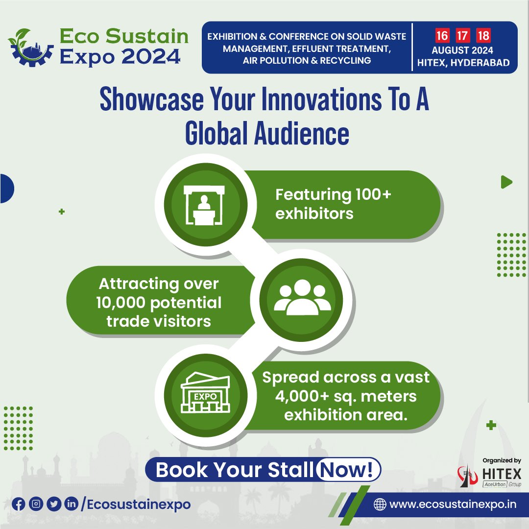 Get ready to showcase your innovations to a global audience at Eco Sustain Expo! Mark your calendars for August 16th - 18th, 2024 at HITEX, Hyderabad. Book your stall now!

#Innovators #Startups #recyclingcompanies #Ecoinnovators #Event #Ecosustainexpo #Telangana #WasteManagement