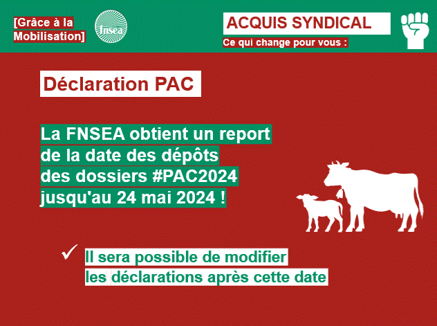 🗞️ Communiqué de presse | La #FNSEA se félicite d’avoir d’obtenu auprès du ministère de l’Agriculture (@Agri_Gouv) le report de la date butoir des déclarations PAC 2024 au 24 mai inclus. - 👉 En effet, la FNSEA, alertée par son réseau, a porté la nécessité de reconsidérer à