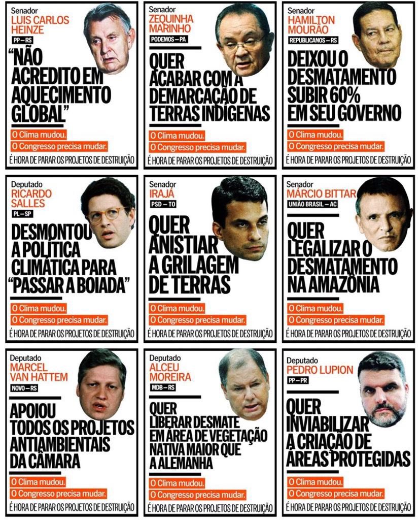 A turminha que ataca o meio ambiente por interesse econômico ou por ser negacionista do clima. Para não esquecer.