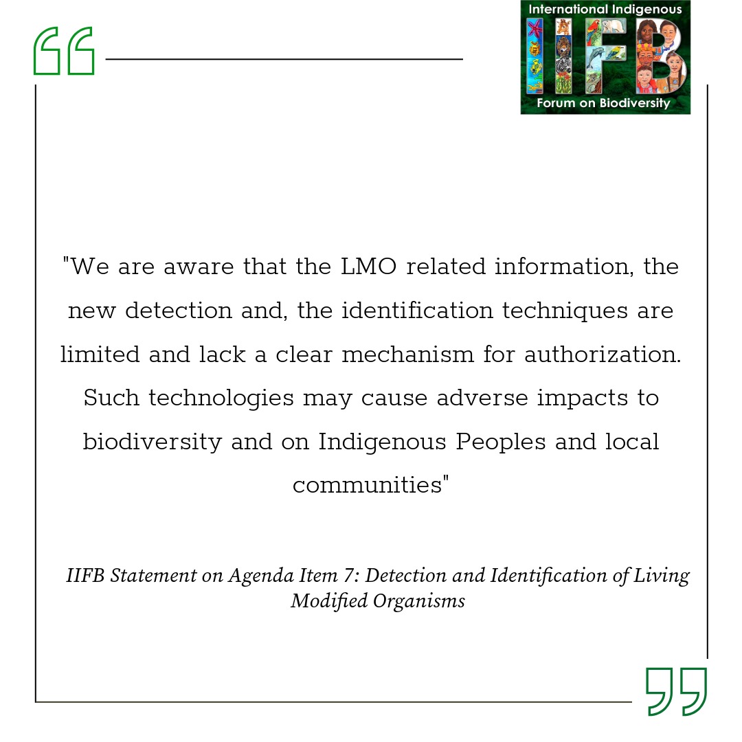 'Such technologies may cause adverse impacts to biodiversity and on #Indigenous Peoples and local communities #lands, waters and #territories, food, health, traditional knowledge systems innovations, spiritual and cosmological values and the way of life' iifb-indigenous.org