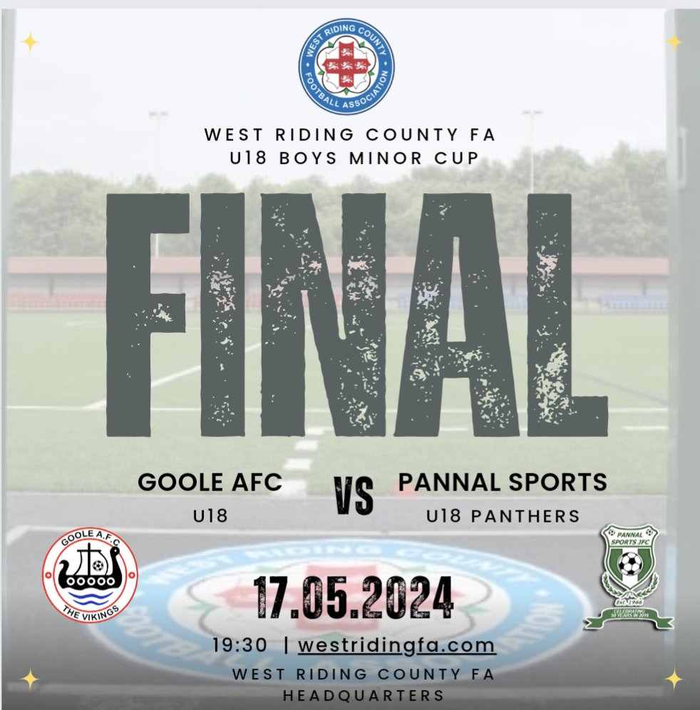 The @GooleAFCU18 season comes to a close on Friday night when they play Pannal Sports Panthers u18s in the final of the @WestRidingFA u18 County cup Get down if you can 🔴⚫ 📍 West Riding FA, Fleet Lane, LS26 8NX 📆 Friday 17th May, 7:30pm 🎟 Adults - £5 | Concessions £2
