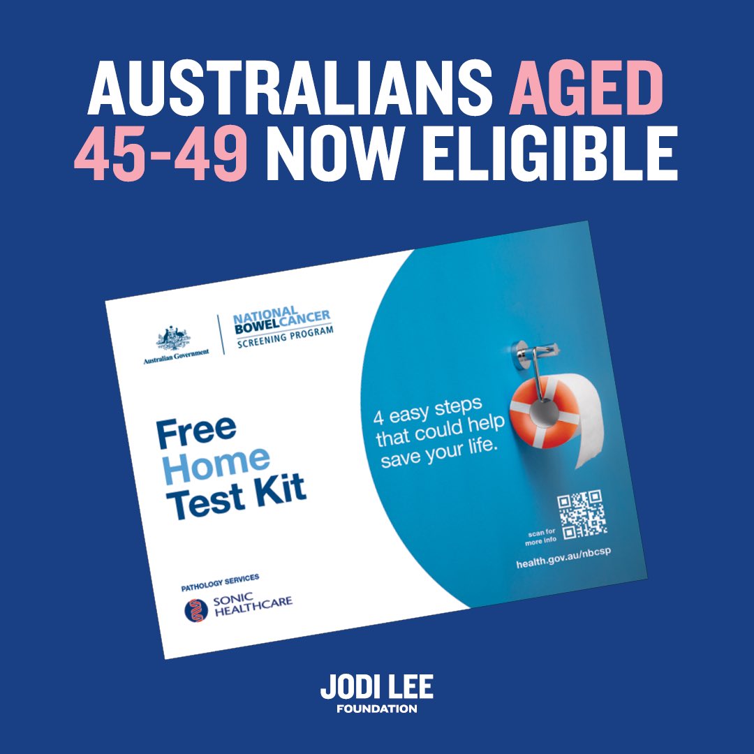 The Jodi Lee Foundation congratulates the Federal Government on lowering the eligibility age for the National Bowel Cancer Screening Program. 

From 1 July 2024, Aussies 45-49 will be able to join the NBCSP at ncsr.gov.au/boweltest or by calling 1800627701.
