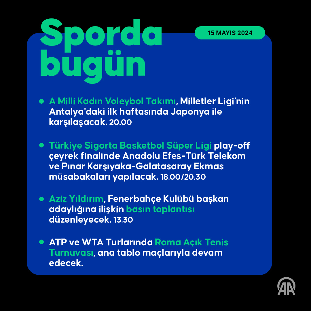 🇹🇷 A Milli Kadın Voleybol Takımı, Milletler Ligi'nin Antalya'daki ilk haftasında Japonya ile karşılaşacak. 🏀 Türkiye Sigorta Basketbol Süper Ligi play-off çeyrek finalinde 2 maç yapılacak. ➡️ Spor gündemi👇