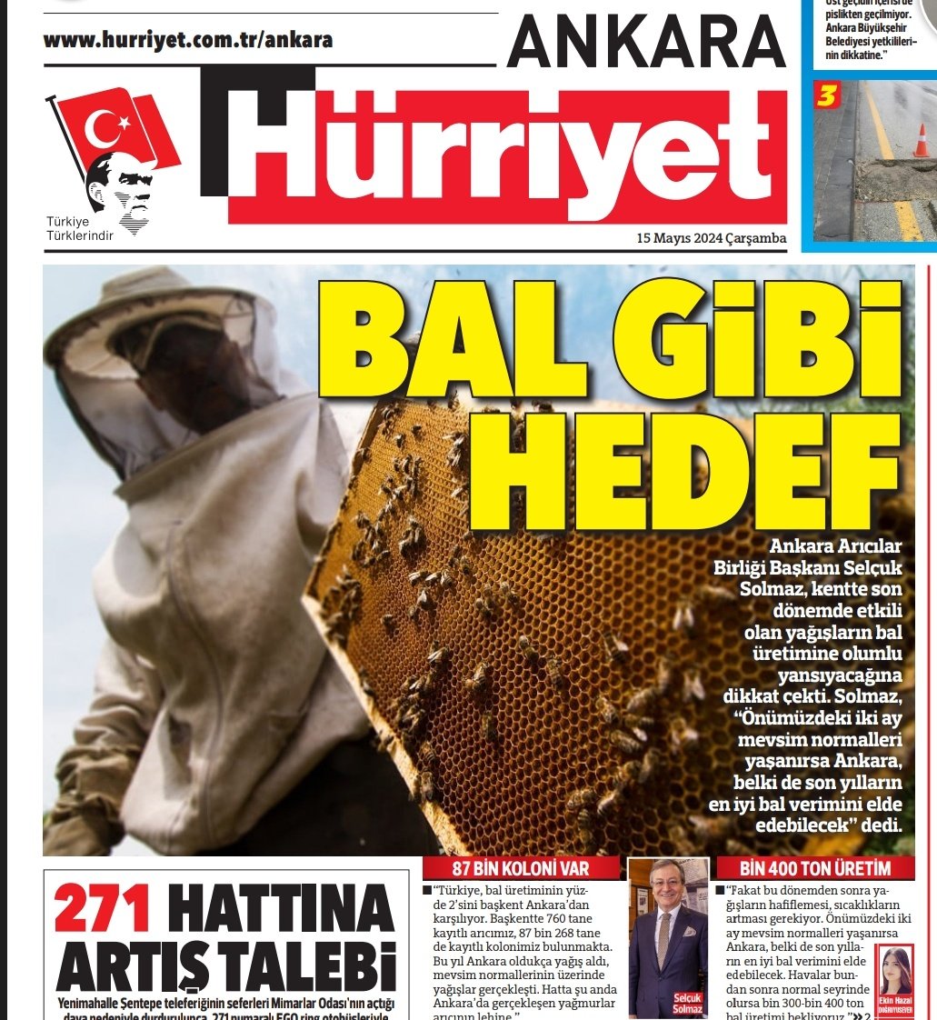 Solmaz: “Önümüzdeki iki ay mevsim normalleri yaşanırsa Ankara, belki de son yılların en iyi bal verimini elde edebilecek” hurriyet.com.tr/yerel-haberler… #Ankara #HürriyetAnkara @myilmaznet @handefrt