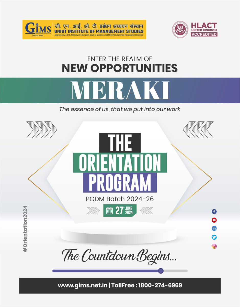 The countdown begins for #MERAKI 2024, the PGDM Batch 24-26 orientation at GIMS, Greater Noida! Join us on 27th June 2024 as we welcome the new batch and kickstart their journey to success. Read More: gims.net.in/orientation-pr… Toll Free No: 18002746969 #GIMS #GreaterNoida #GNIOT
