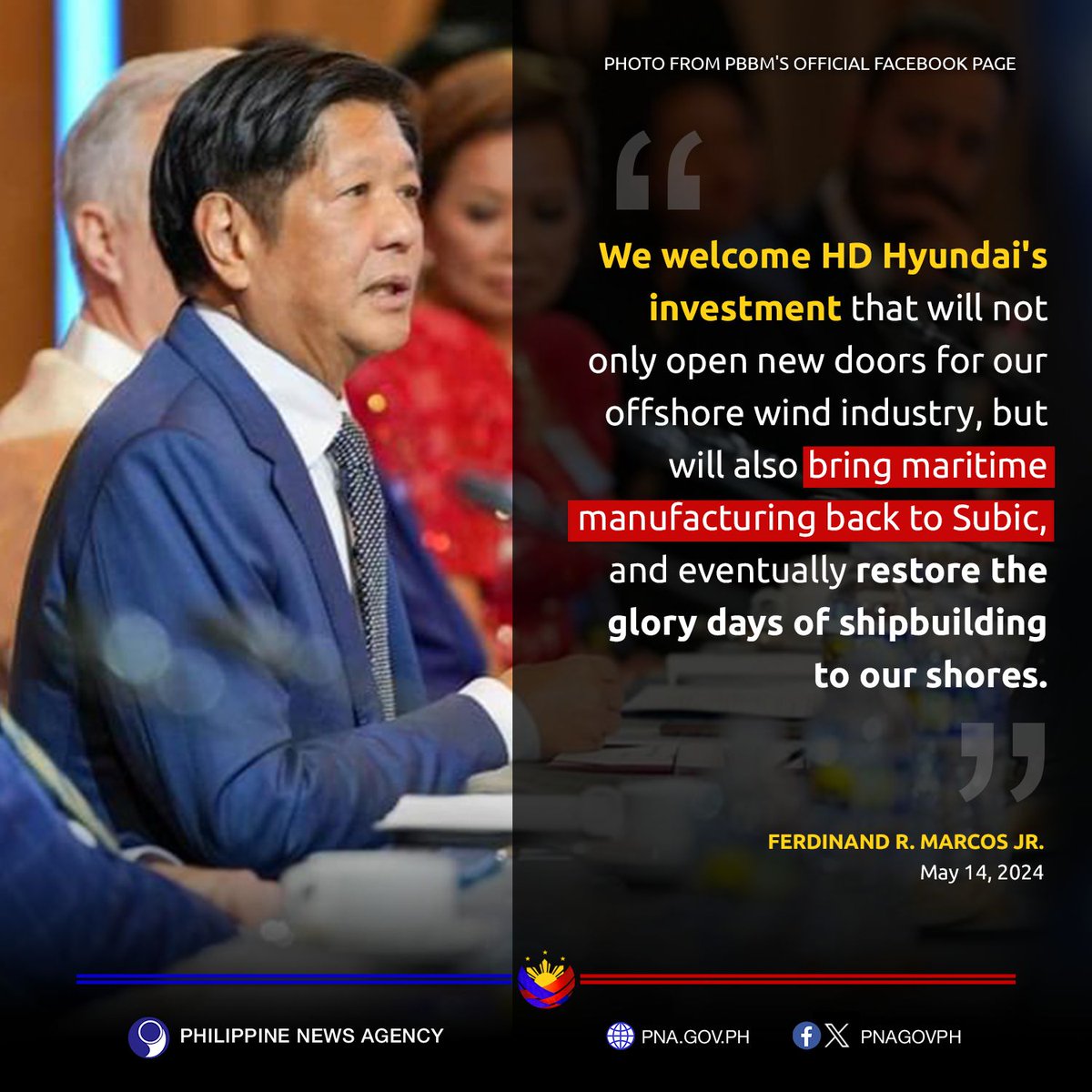 PBBM says the partnership between US equity firm Cerberus and South Korea’s HD Hyundai Heavy Industries in the strategically located Subic Bay will allow the Philippines to regain its footing in the global shipbuilding industry.

FULL STORY: pna.gov.ph/articles/12247…