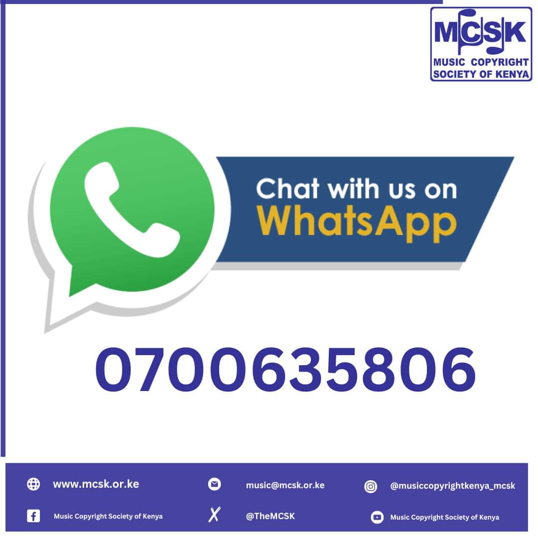 Connect with us on WhatsApp on 0700635806 for any inquiries about Music Copyright Society of Kenya (MCSK) or visit any of our regional offices countrywide. Your satisfaction is our priority. MCSK ni Sisi Wasanii! #MCSK #cmosinkenya