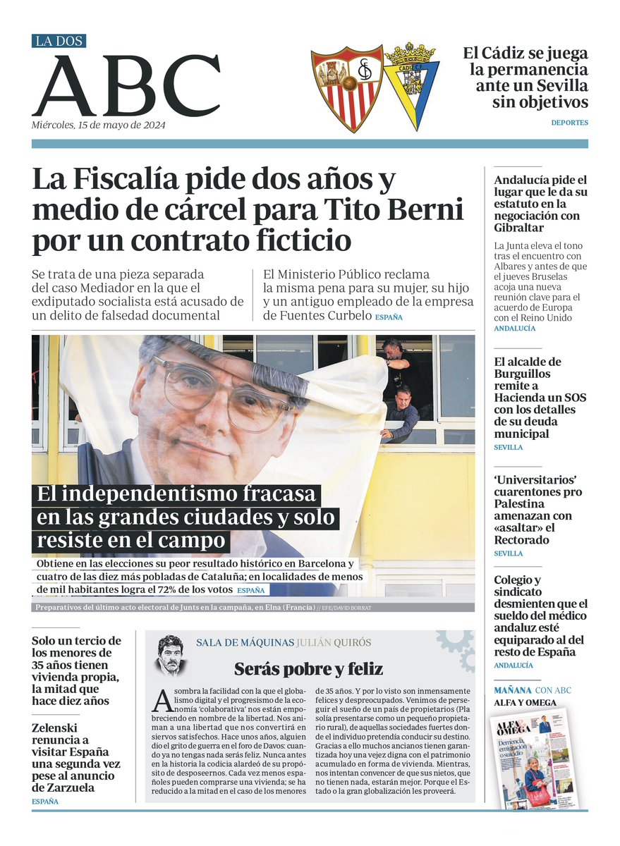 ¡Buenos días! Estas son la portada y la página dos de ABC de Sevilla de hoy, miércoles 15 de mayo de 2024. Consulta más detalles en abc.es/sevilla