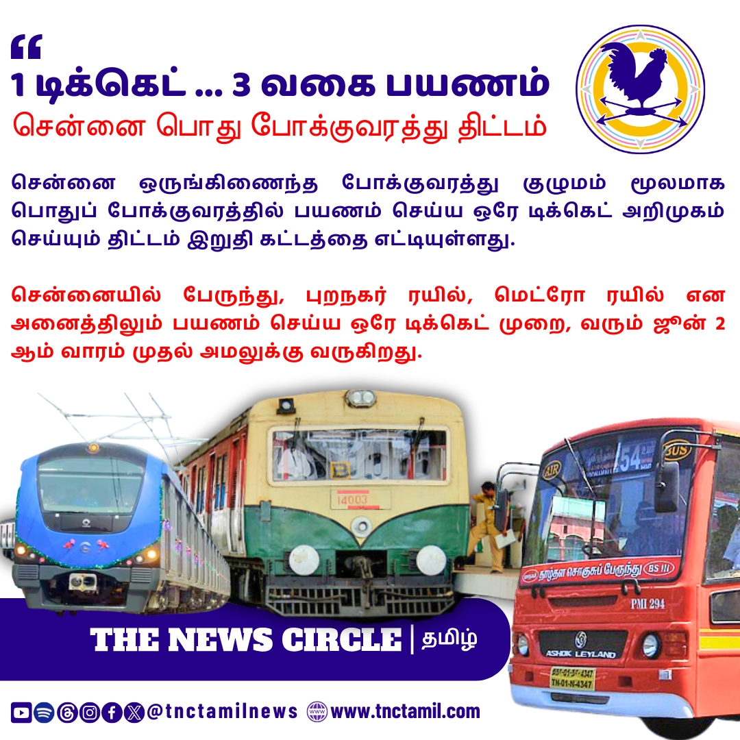 சென்னை ஒருங்கிணைந்த போக்குவரத்து குழுமம் மூலமாக பொதுப் போக்குவரத்தில் பயணம் செய்ய ஒரே டிக்கெட் அறிமுகம் செய்யும் திட்டம் இறுதி கட்டத்தை எட்டியுள்ளது.

#Chennai #ChennaiMetro #ChennaiBus #EMURail #Railways #PublicTransport #oneticket #1Ticket #TNCTamil #TheNewsCircle #TNCTamilNews