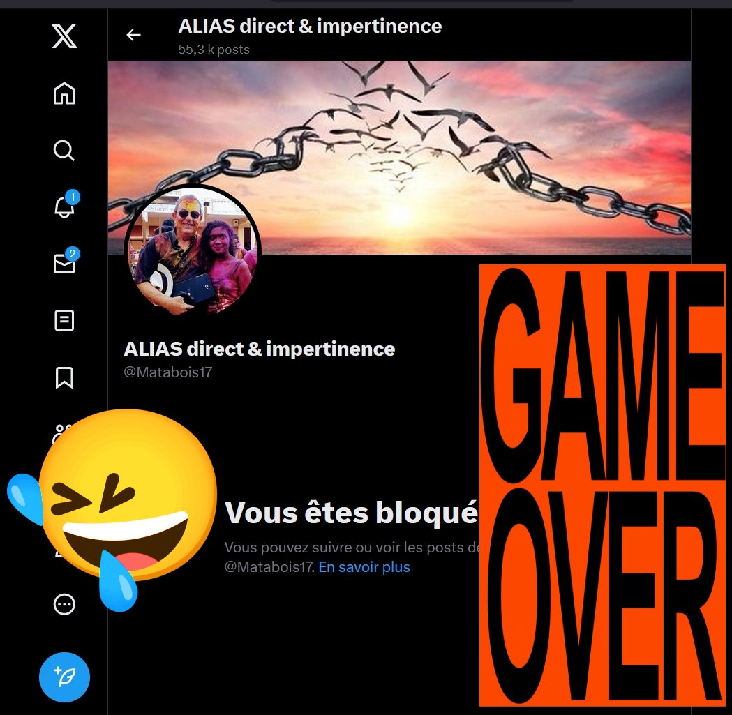 Allez hop GAME OVER,un de plus en moins de décébré n'ayant que l'insulte pour vocabulaire 😄😆😅😂🤣 tellement prévisible,le profil @Matabois17 incapable de développer une opinion,une suite de com insipide pour finir par des propos vulgaires et jugement sans fondement #gameover