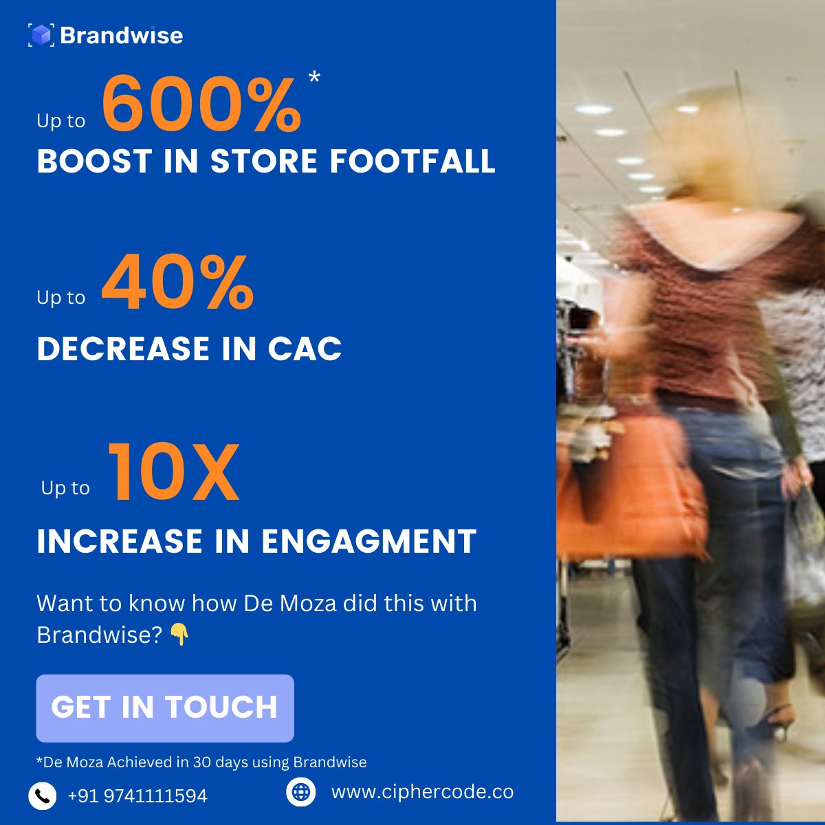 Discover how @demozastores partnered with us to Enhance Customer Engagement and expand reach by utilizing the diverse range of campaigns, tools, analytics and more offered by Brandwise. Contact us to find out👉tinyurl.com/38r2evuv

#Business #CustomerEngagement #Marketing #ROI