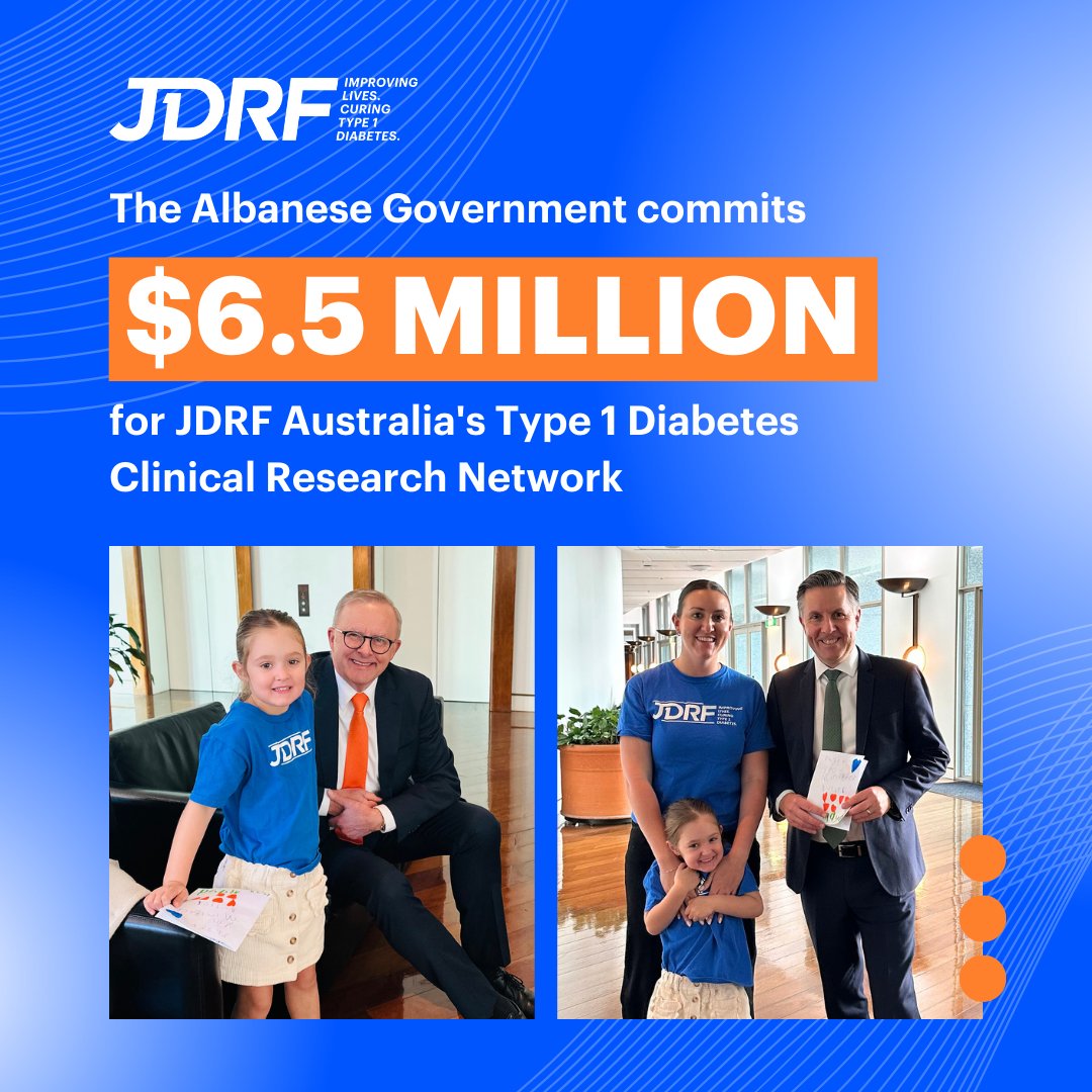 We are thrilled to welcome the Albanese Government’s support for our Type 1 Diabetes Clinical Research Network with $6.5 million committed in the Federal Budget for #Type1Diabetes #research. Full update here: jdrf.org.au/6-5-million-co… Thank you @AlboMP @Mark_Butler_MP!