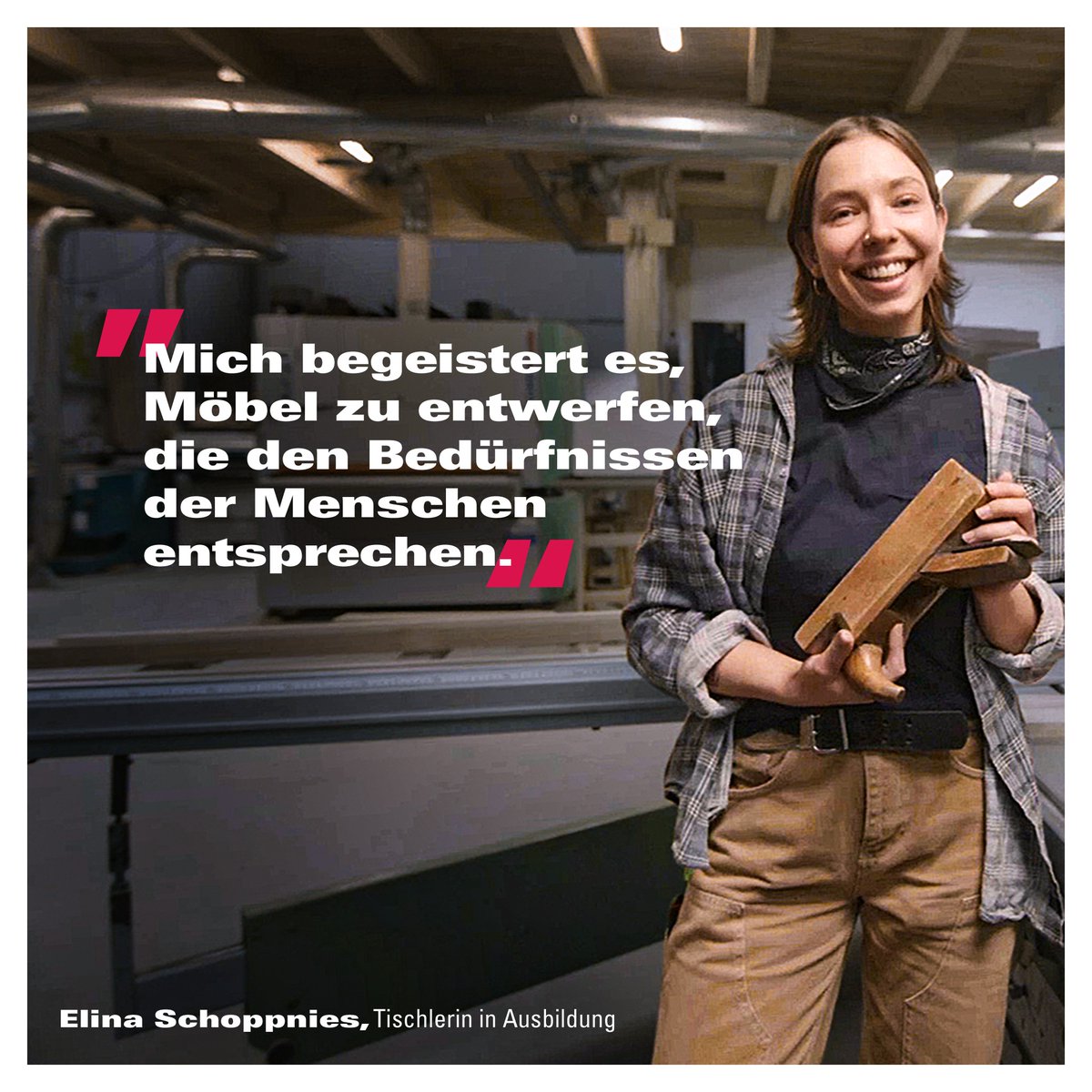 In ihrer Ausbildung zur Tischlerin kann Elina jeden Tag kreativ sein. Und mit tollen Möbeln Menschen glücklich machen. Für die 26-Jährige ein Traumjob, auf den sie sich jeden Morgen aufs Neue freut. Erfahre mehr auf handwerk.de/zeitzumachen
#zeitzumachen #tischlerin #tischler