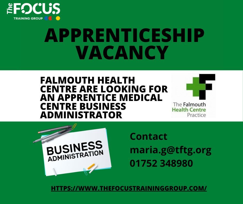 🌟 The Falmouth Health Centre Practice is seeking an enthusiastic and proactive individual to join their team as an Apprentice Medical Centre Business Administrator. Contact Maria at maria.g@tftg.org, call 01752 348980 or apply here buff.ly/2ZZ0BIi #Apprenticeship