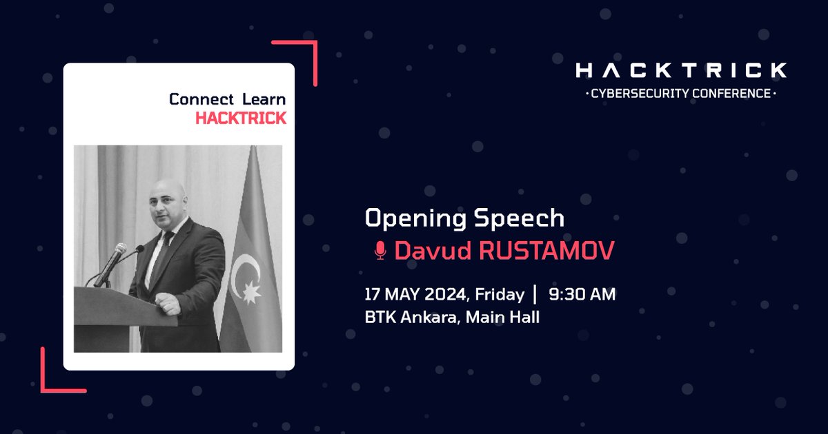 Hacktrick (@hacktrickconf) on Twitter photo 📢 Hacktrick etkinliğimizin açılış konuşmasını Azerbaycan Ulusal Siber Güvenlik Merkezi Başkanı Davud Rustamov yapacak.
Siz de yerinizi şimdiden ayırtın ve Hacktrick’te bize katılın! 🎟️
eu1.hubs.ly/H094M7B0
🗓️ 17 Mayıs 2024 📍BTK, Ankara
#hacktrick24 🚀 📢 Hacktrick etkinliğimizin açılış konuşmasını Azerbaycan Ulusal Siber Güvenlik Merkezi Başkanı Davud Rustamov yapacak.
Siz de yerinizi şimdiden ayırtın ve Hacktrick’te bize katılın! 🎟️
eu1.hubs.ly/H094M7B0
🗓️ 17 Mayıs 2024 📍BTK, Ankara
#hacktrick24 🚀