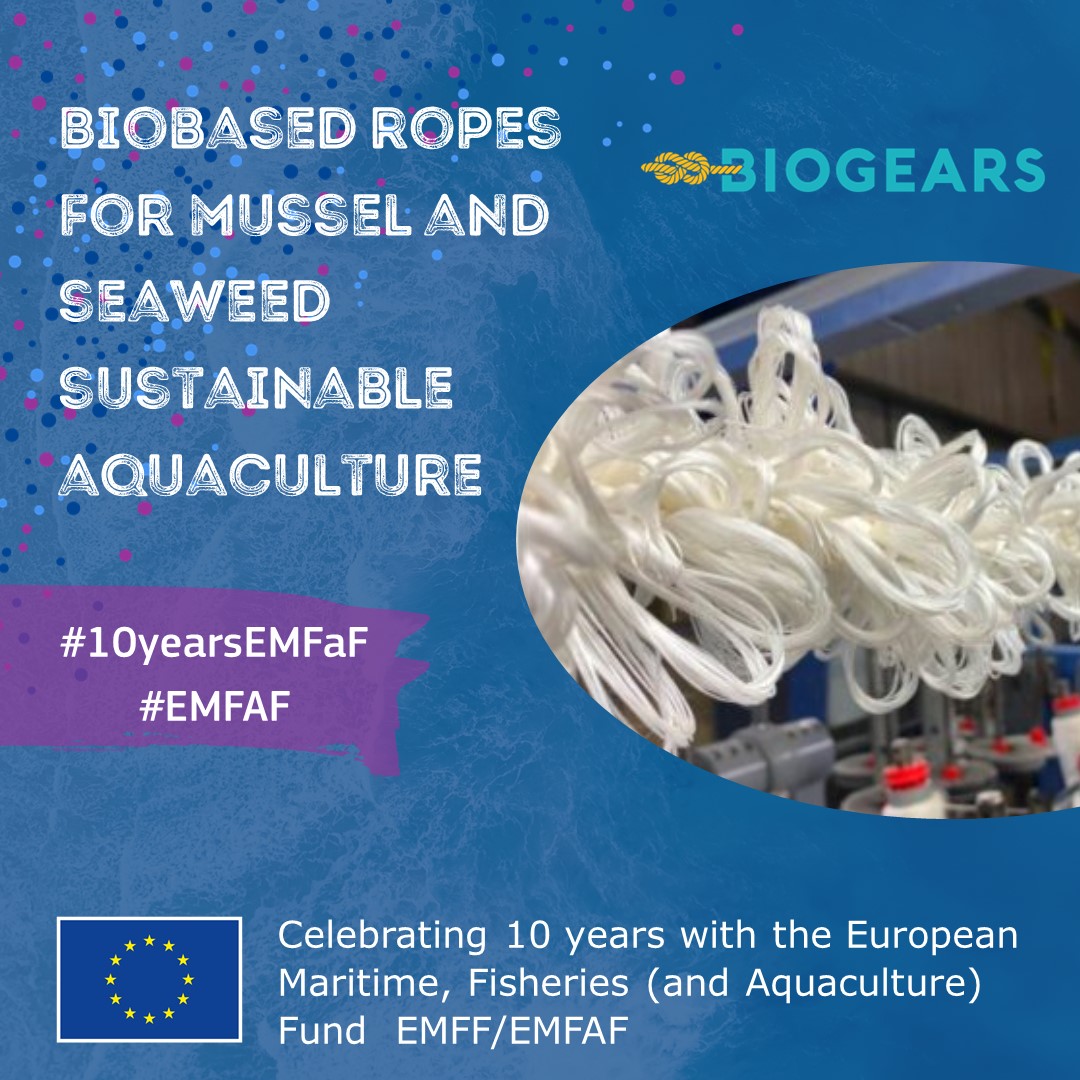 🙋‍♀️ @BIOGEARS_EU project developed biobased rope for European offshore #aquaculture.
Thanks to #EMFF funding, it is possible to carry out innovative projects that help improve the sustainability of Europe's seas.

🎉 Happy #10yearsEMFaF!!

@cinea_eu