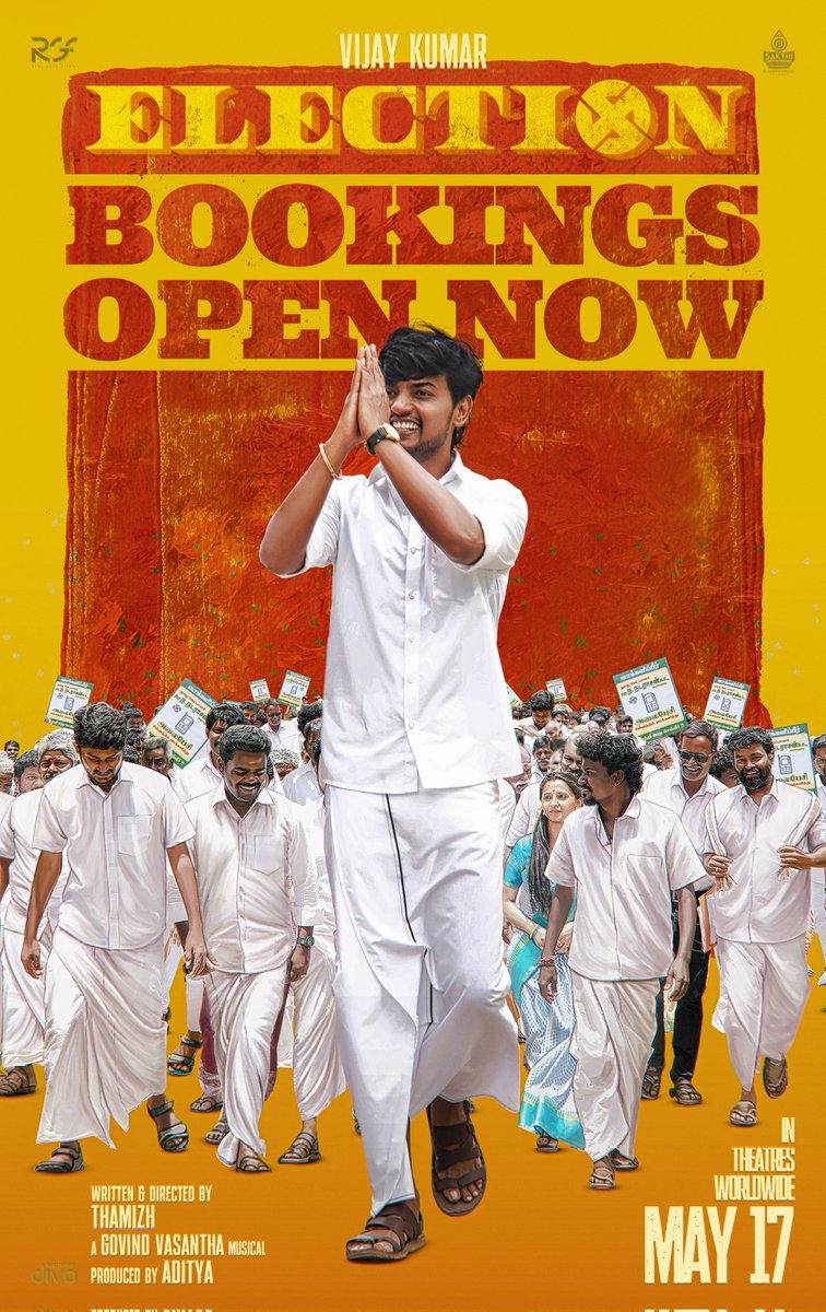 #ElectionMovie Bookings now open! Get ready to experience this thrilling political entertainer on the big screen from this Friday! 🍿 

Book your tickets now : linktr.ee/electionmovie

#ELECTIONfromMay17 
#ELECTION #RGF02

<a href="/Vijay_B_Kumar/">Vijay Kumar</a>  <a href="/reelgood_adi/">A</a> #GovindVasantha