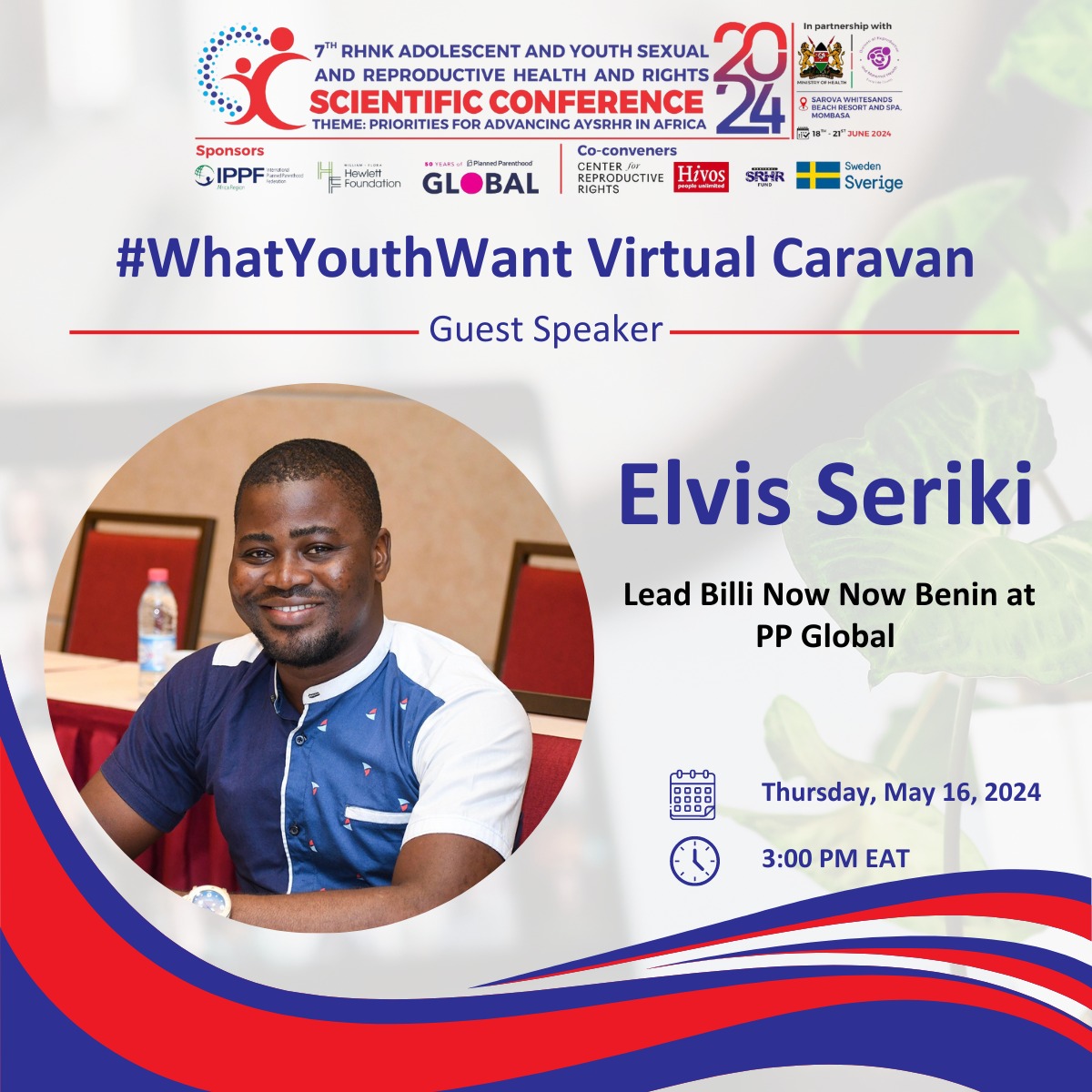Speaker 2!Join our virtual caravan featuring Mr @Elvis_SERIKI from @Billi_NowNow Benin,under @ppglobe.He brings unmatched expertise in SRHR & youth engagement.Gain valuable insights into youth leadership & governance in SRHR.Register⤵️ us02web.zoom.us/meeting/regist… #RHNKConference2024