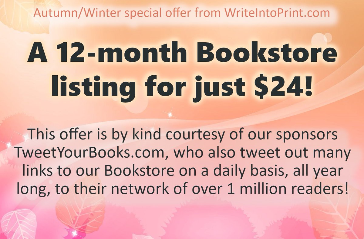 📎

Get a 12-month Listing in @WriteIntoPrint’s Exclusive Bookstore:

— FOR ONLY $24 — (usually $125)

➡️ writeintoprint.com/2023/11/autumn… 

#Authors #booktwitter #WritersOfTwitter #AuthorsOfTwitter #BookPromo