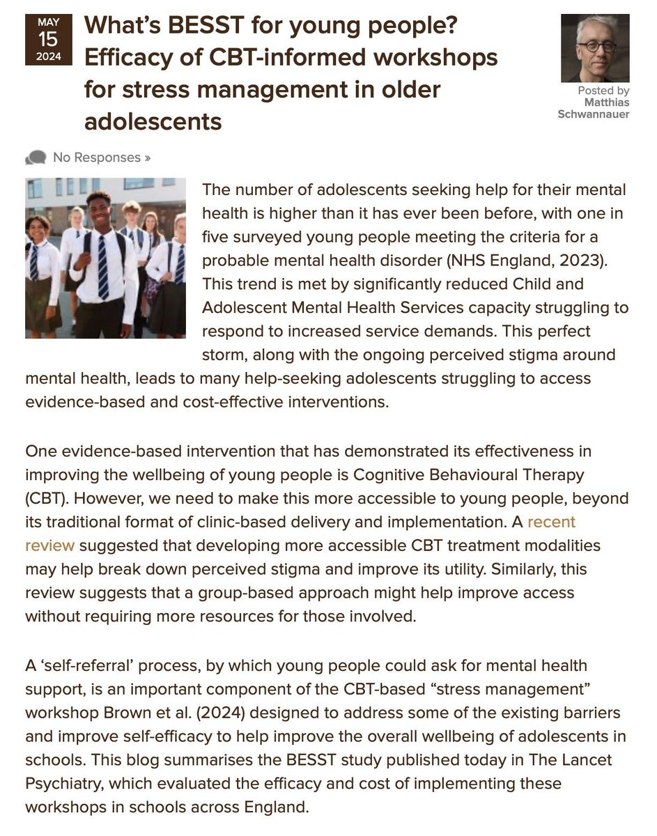 The Mental Elf (@mental_elf) on Twitter photo OUT TODAY in @TheLancetPsych, the <a href="/BESSTtrial/">BESST Trial</a> suggests that a 1-day CBT workshop delivered in schools can reduce depression in 16-18 year olds. Matthias Schwannauer from Edinburgh summarises this new research led by June Brown from <a href="/KingsIoPPN/">Institute of Psychiatry, Psychology & Neuroscience</a> nationalelfservice.net/?p=195005 OUT TODAY in @TheLancetPsych, the <a href="/BESSTtrial/">BESST Trial</a> suggests that a 1-day CBT workshop delivered in schools can reduce depression in 16-18 year olds. Matthias Schwannauer from Edinburgh summarises this new research led by June Brown from <a href="/KingsIoPPN/">Institute of Psychiatry, Psychology & Neuroscience</a> nationalelfservice.net/?p=195005