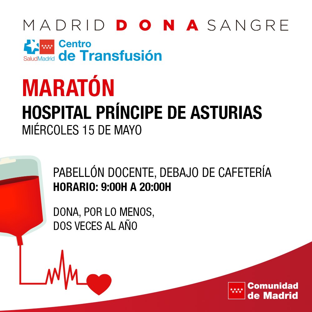 ❣ Cuando donas #sangre estás salvando la vida de tres personas y hoy puedes hacerlo en el maratón del Hospital Príncipe de Asturias.

⏰ 9.00h a 20.00h

❤ #donarsangre es un gesto sencillo que #salvavidas. ¡Anímate!

📲 c.madrid/donasangre

#donavida