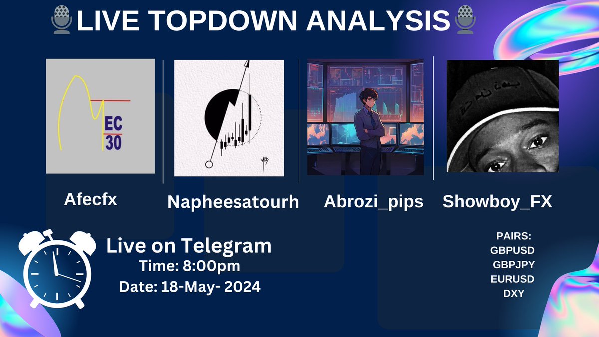We're doing Topdown analysis live on telegram with my brothers @afec_fx and @Maihanchi2 with @Napheesatourh on telegram. Killing: GBPJPY GBPUSD EURUSD DXY Save the date: Saturday 18-5-2024 You can watch using this link t.me/TD_Analysis?vi…