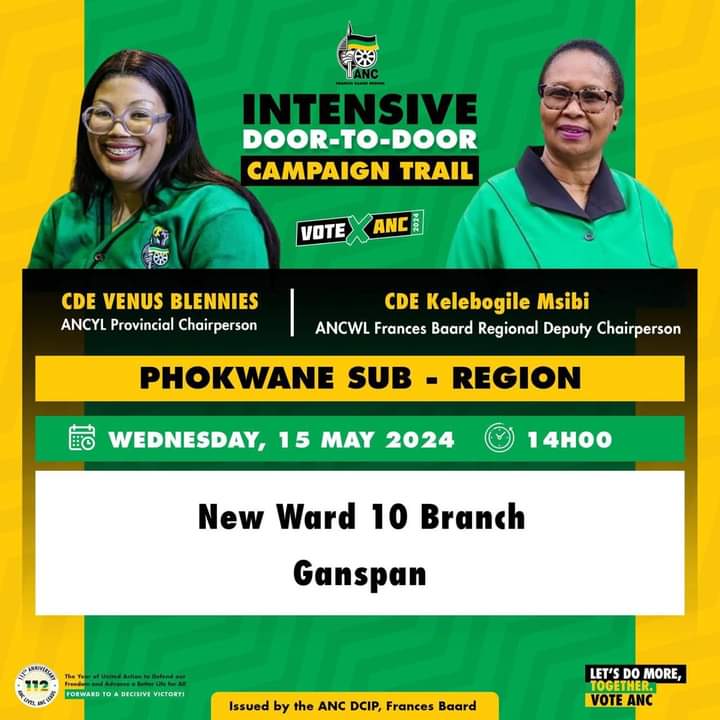 Today ANC Youth League led by Provincial Chairperson Cde Venus Blennies will be on the ground in Sol Plaatje and Phokwane sub regions mobilizing all registered voters to ensure the ANC comes out victorious on 29 May 2024 #VoteANC2024 #LetsDoMoreTogether #ANCYLatWork #ANCYL_NCAPE