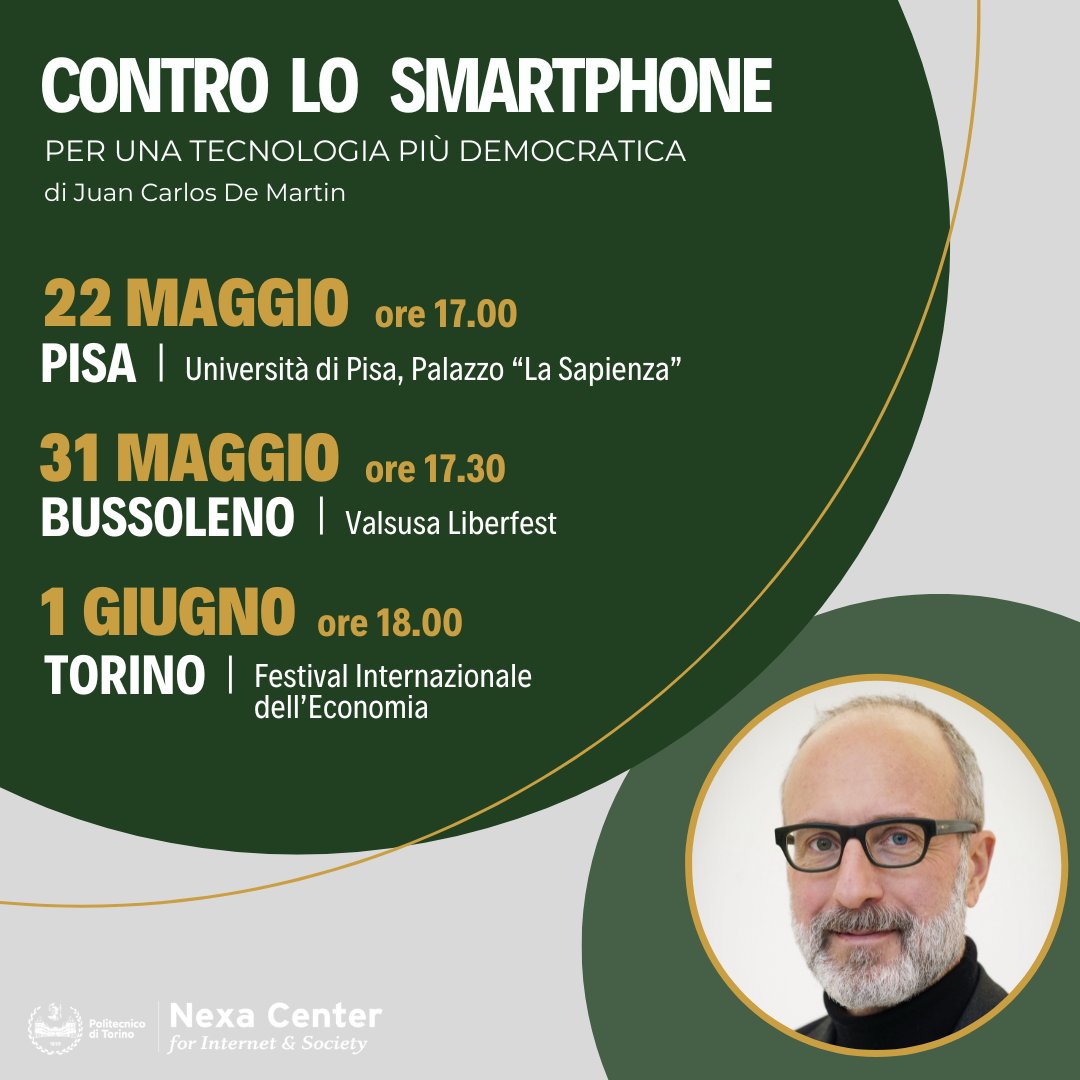 📚 Ecco i prossimi appuntamenti per la presentazione dell'ultimo libro del co-direttore del Centro Nexa @jcdemartin, 'Contro lo #smartphone. Per una #tecnologia più democratica' (@add_editore) 🔎 Scopri di più: nexa.polito.it/contro-lo-smar… #democrazia #umanità