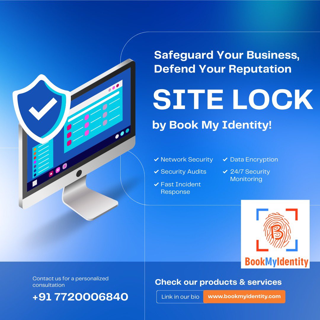 Protect your website and safeguard your business from all sort of cyber threats. Opt for BMIs high-end web security product called SITE LOCK.

Visit bookmyidentity.com to learn more about our services.

#webservices #domains #cloudservices #sslcertificates #sitelock