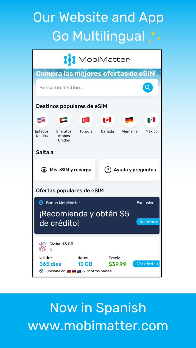 As MobiMatter expands its multilingual feature, Spanish joins the list! 
Now you can access MobiMatter app and website in English, Arabic, Turkish, Hebrew, Russian and Spanish.

More languages coming soon! 

#mobimatter #esim #spanish #techupdate